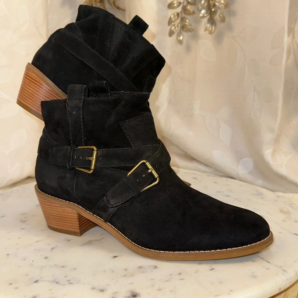 Cole Haan Grand OS‎ Black Suede Buckle Ankle Boots Women's Size 8.5B